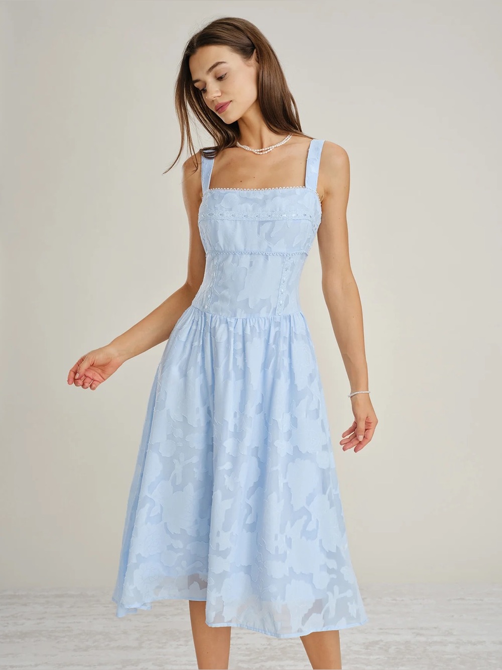 Rihoas Blue Square Neck Lace Jacquard Midi Dress